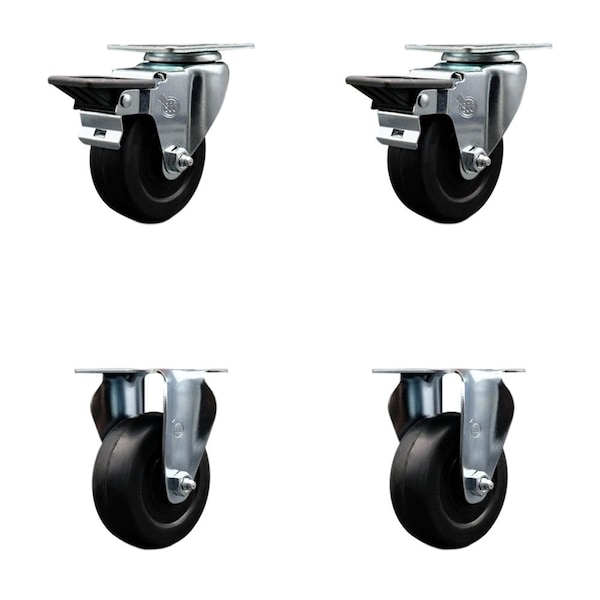 3.5'' Soft Rubber Wheel Swivel Top Plate Caster Set 2 Posi Brakes 2 Rigid, 4PK